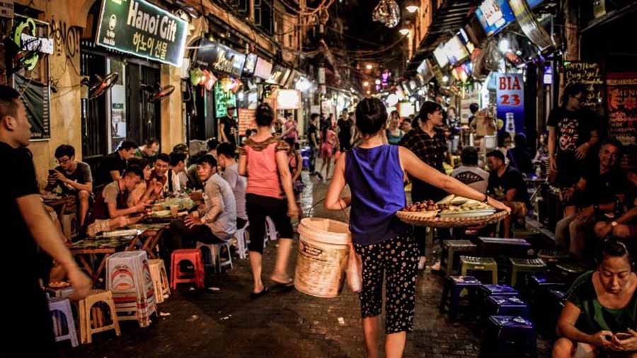 Busy street food market in Vietnam